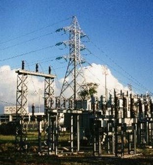 Lattice towers at an electrical substation
